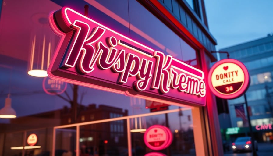 Neon Krispy Kreme sign in window, city reflection, glowing warmly.