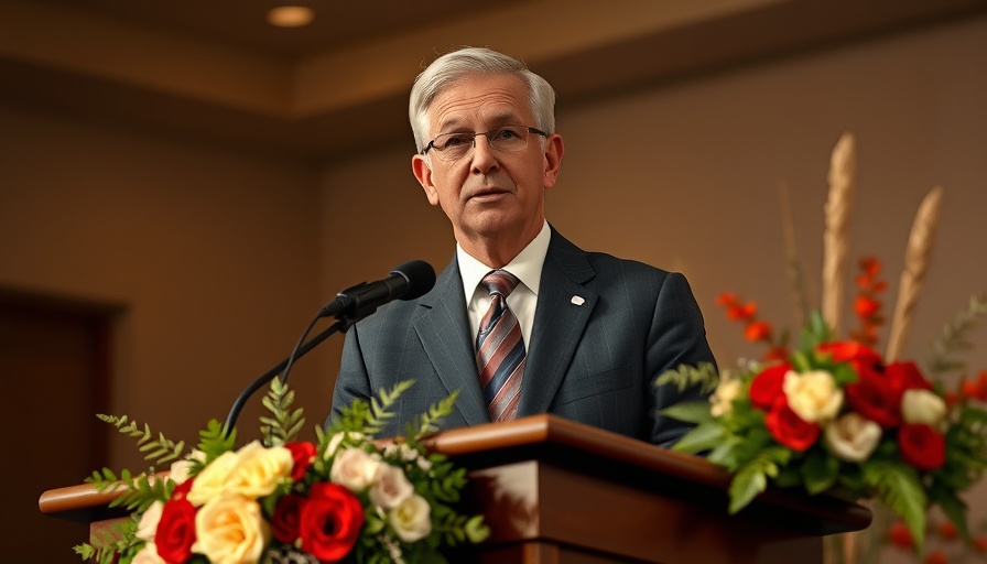 A distinguished middle-aged man giving a speech at a podium.