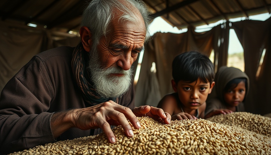 Starvation in Gaza: man and children sorting grains in makeshift shelter