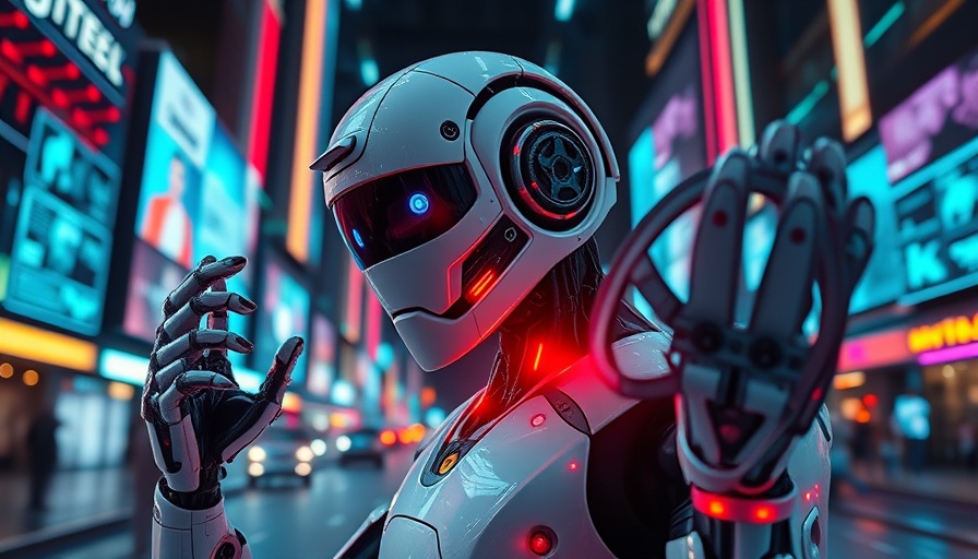 Futuristic AI robot in cinema with digital reels and holograms.