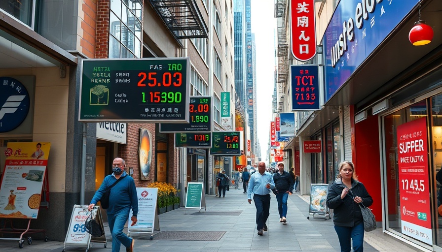 Urban street with currency exchange rates indicating IMF global growth forecast.