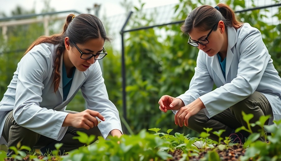 Mexican scientists researching in grassy fenced field.