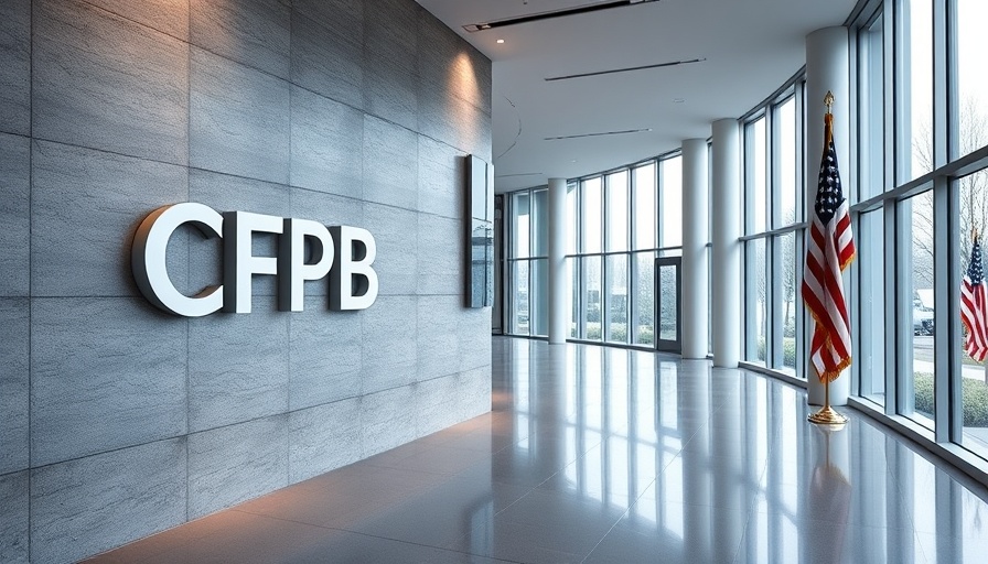 Entrance of CFPB office building, highlighting modern design.