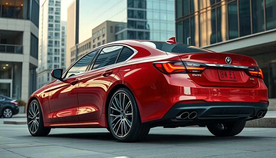 Red sedan outside office depicting in-car productivity.