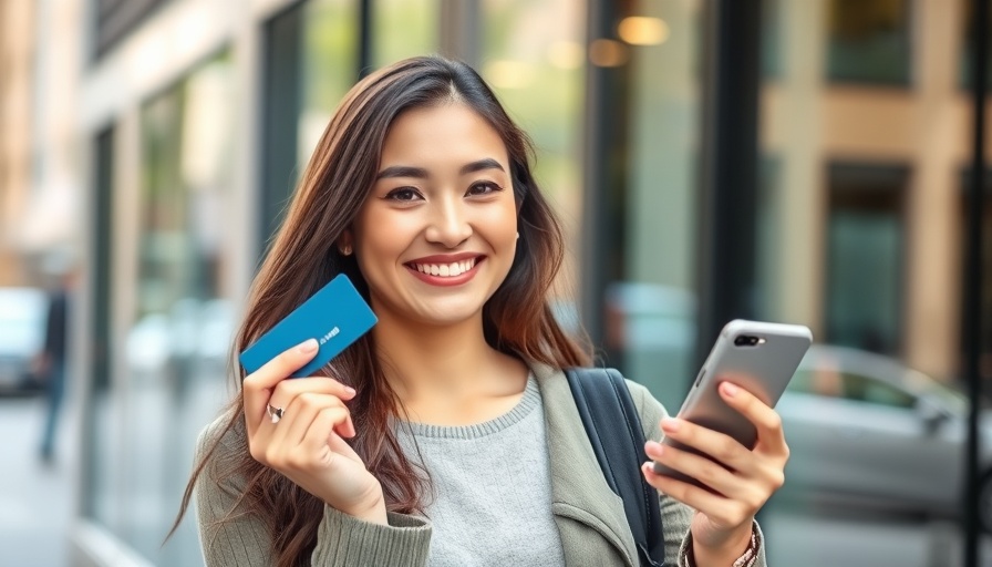 Smiling woman paying off credit card debt using smartphone.