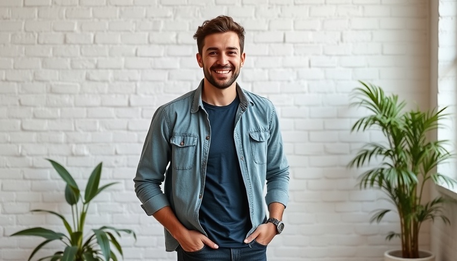 Casual man smiling indoors with plant background.