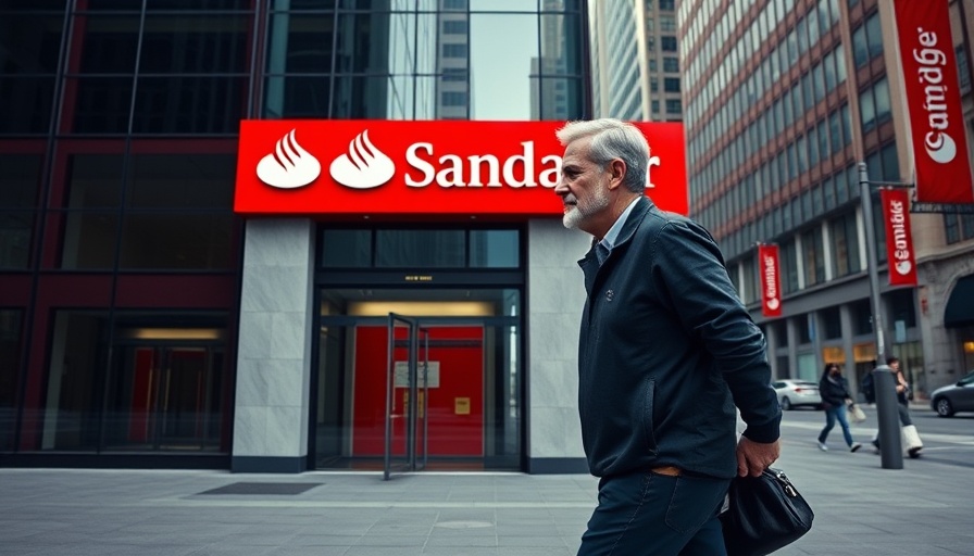 Man walking by Santander bank, urban business area.