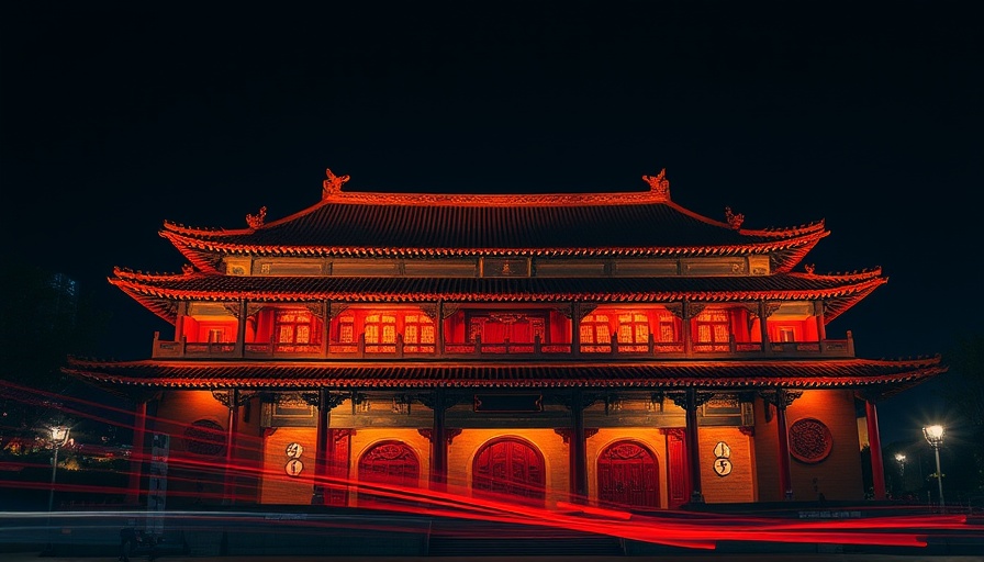 Illuminated historic building in China at night with light trails.