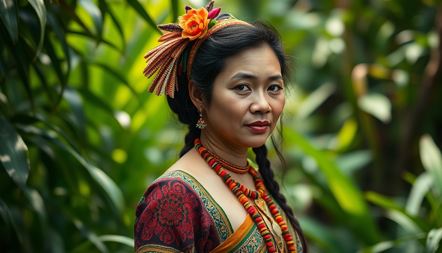 Indigenous Southeast Asian woman in traditional attire in jungle