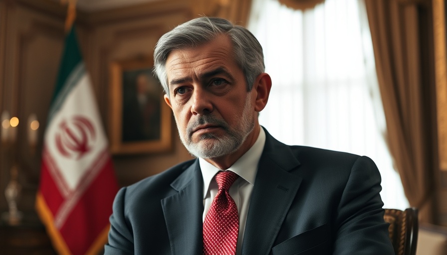 Middle-aged man in formal setting with Iranian flag, focused expression.