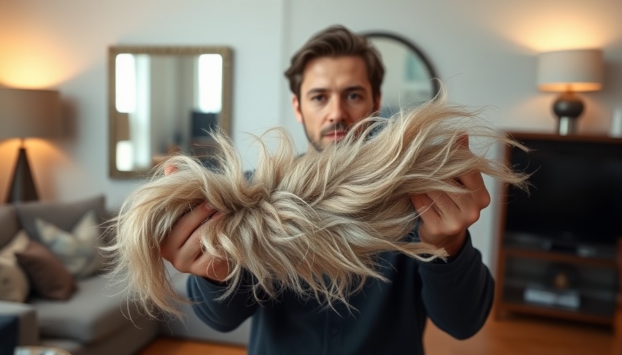 Person holding pet fur in modern living room with mirror.