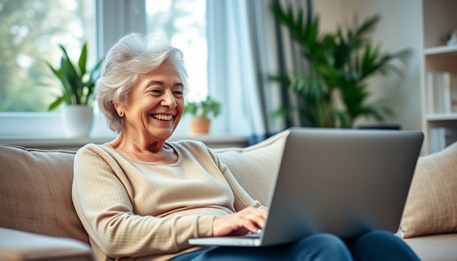 Older woman using laptop on sofa, exploring open source data for seniors.