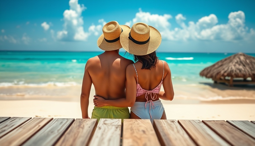 Couple on a budget-friendly honeymoon, relaxing on a beach.