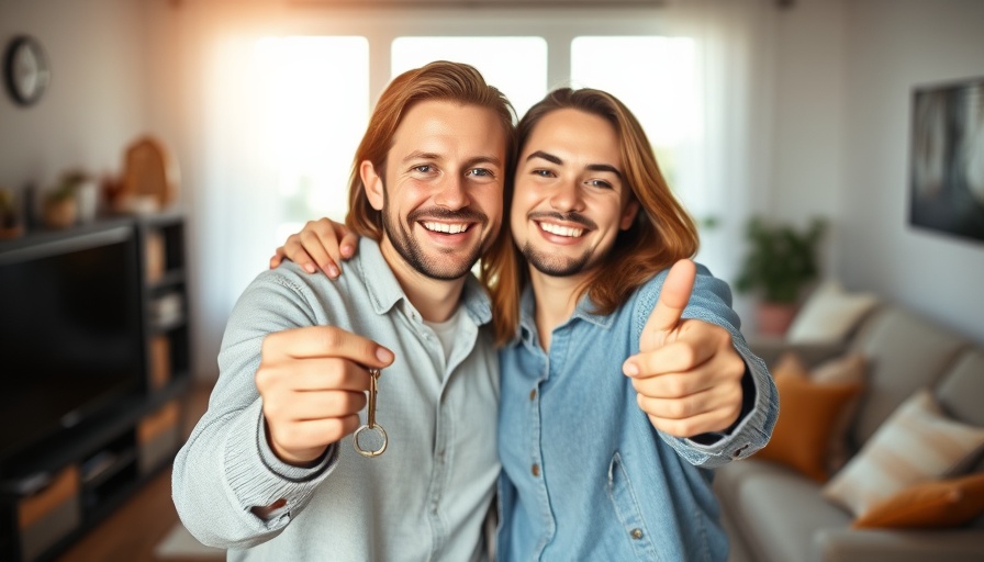 Happy couple celebrating with keys in bright living room.