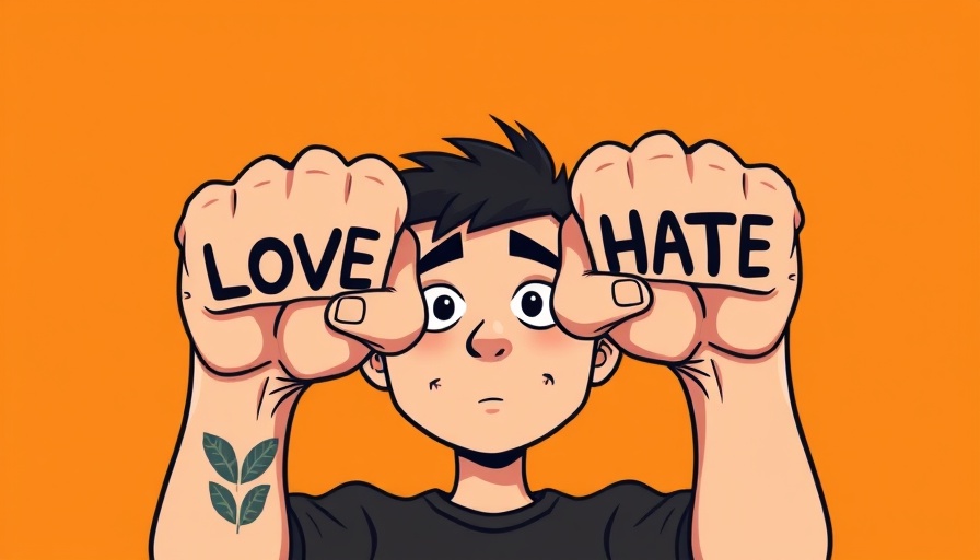 Person's fists with 'LOVE' and 'HATE' tattoos in cartoon style.