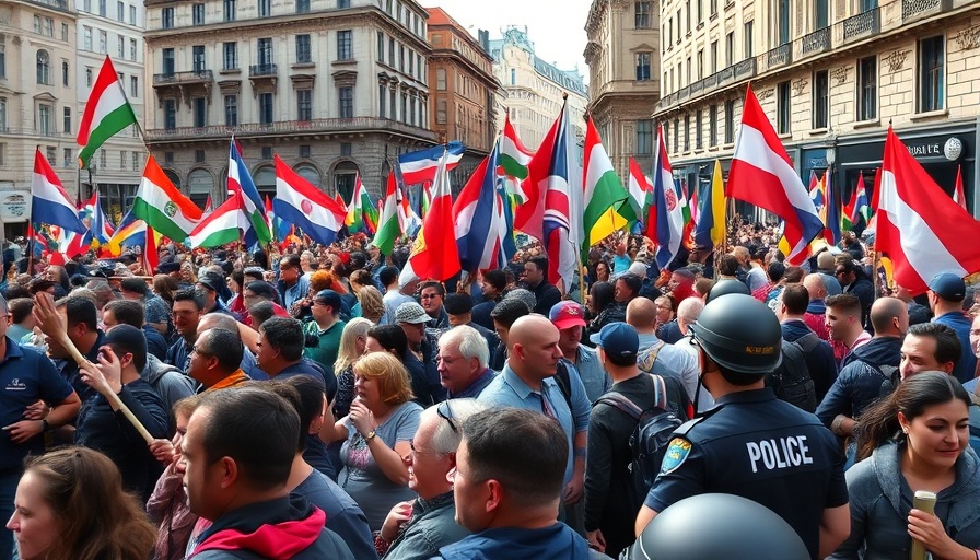 Protest in UK city with flags and police, UK border security funding.