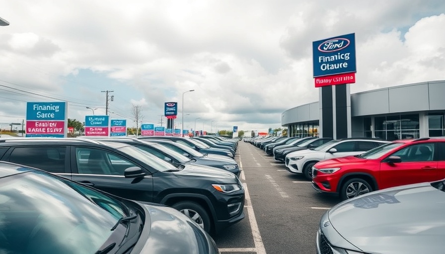 Car dealership showcasing finance deals under cloudy sky