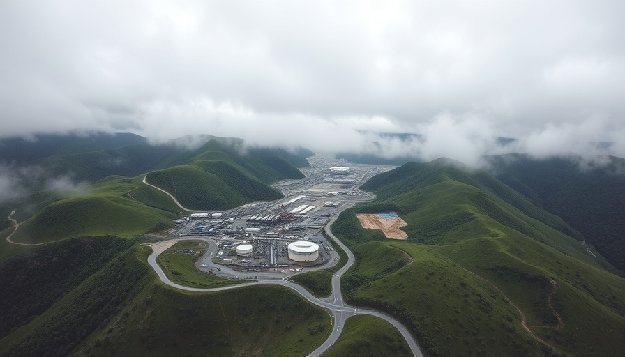 Aerial view of El Teniente mining complex amid green hills under cloudy sky.
