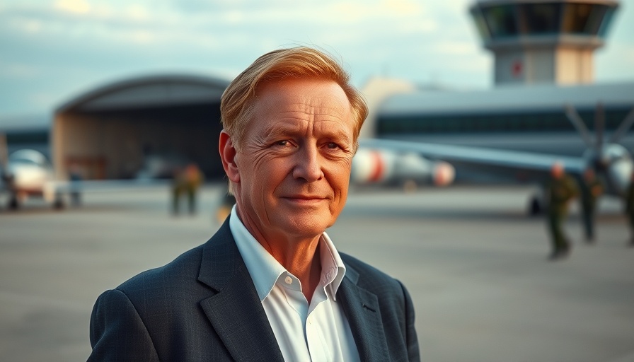 Confident man in suit at airstrip with personnel, related to tariff discussions.
