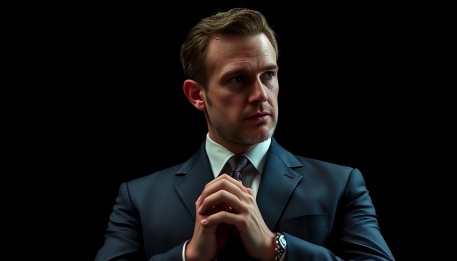 Pensive man in suit, thoughtful expression, dark background.