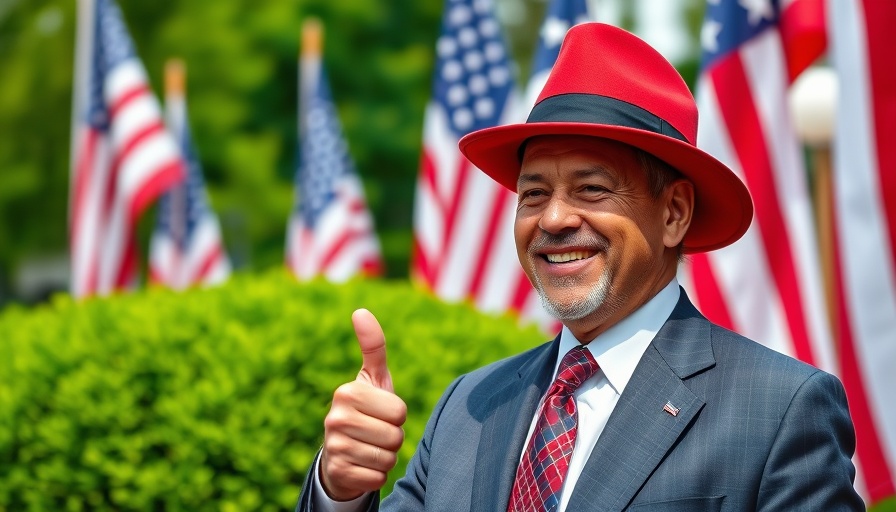 A man in a suit with a hat in front of American flags related to Trump's tariffs.