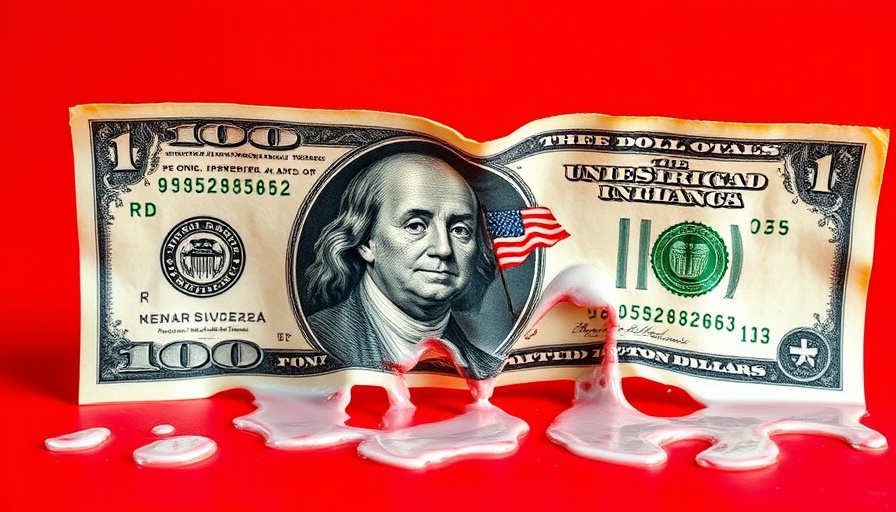 Melting US dollar bill symbolizing economic decline against red background.