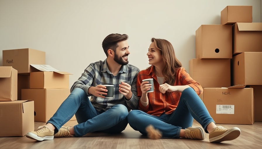 Couple enjoying coffee amidst moving boxes, discussing home buying.