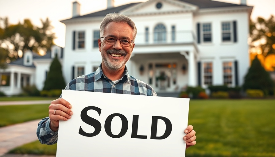 Happy homeowner with sold sign in front of house at sunset.