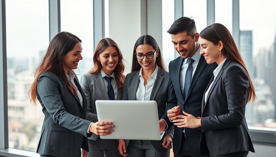 Business professionals discussing over laptop in modern office.