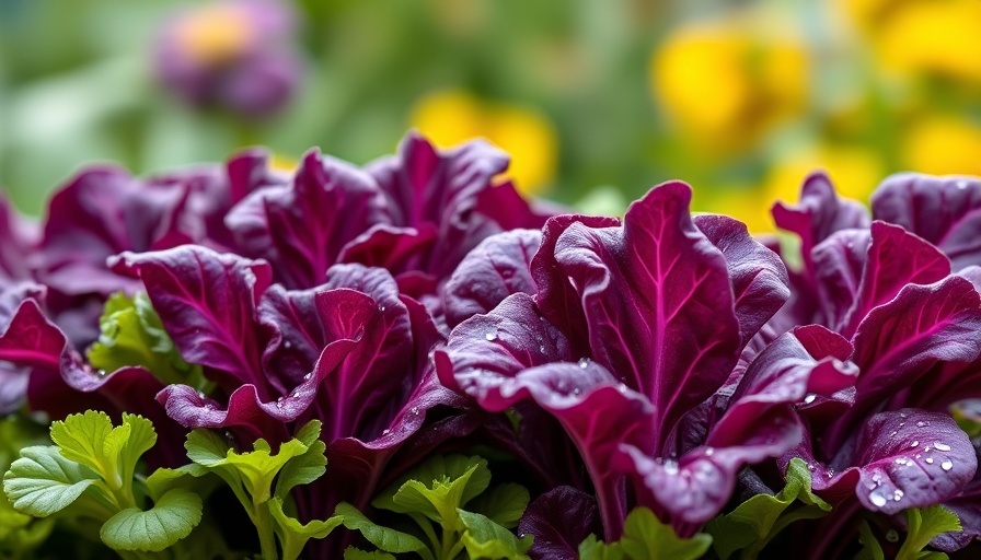 Unusual salad greens with deep purple leaves in garden setting.