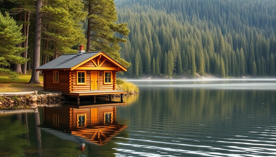 Scenic wooden cabin by lake surrounded by pine forest.