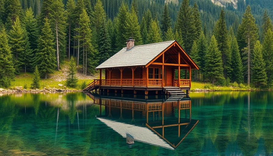Tranquil cabin living by a mountain lake with forest backdrop.