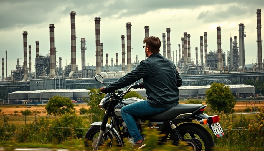 Motorcycle passing large oil refinery under cloudy sky, highlighting India Russian oil implications.