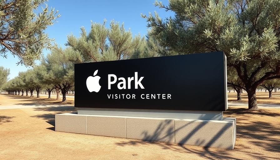 Apple Park Visitor Center sign surrounded by trees on a sunny day.