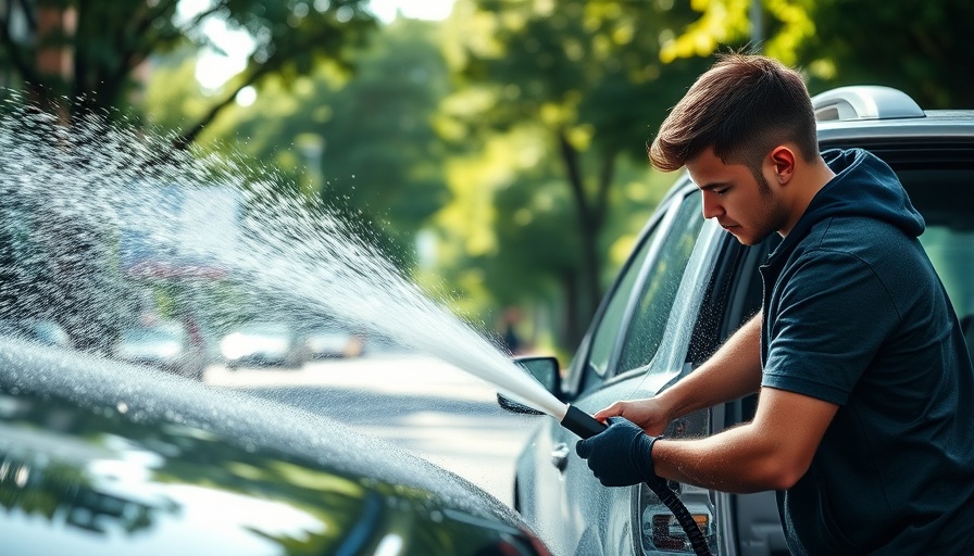 Young person pressure washing car to remove bird poop, urban street.