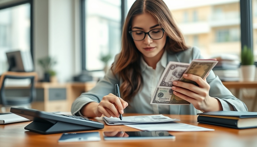 Focused woman calculating debt repayment strategies with calculator.