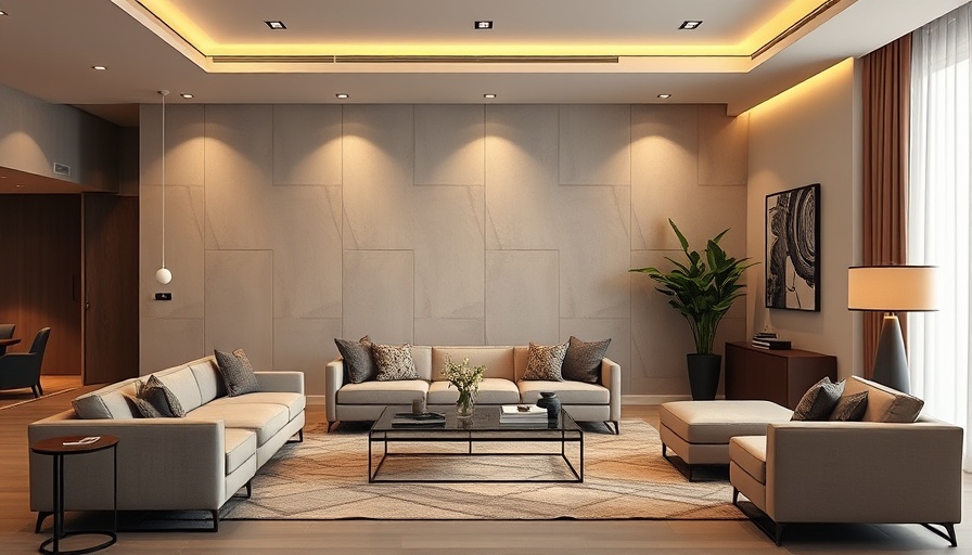 Modern wall panel design for living room with geometric accents.