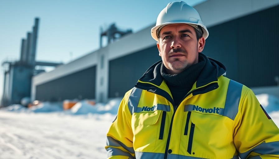 Revive Northvolt industrial worker in bright jacket at snowy site.