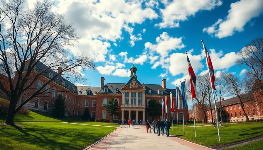 University campus scene with flags and walkway, University admissions data on race