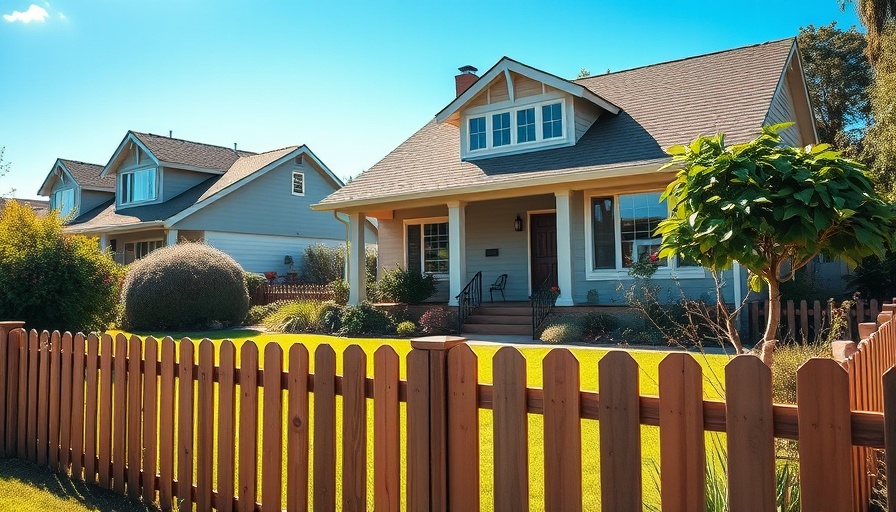 Suburban house with wooden fence and lush garden under a clear sky.