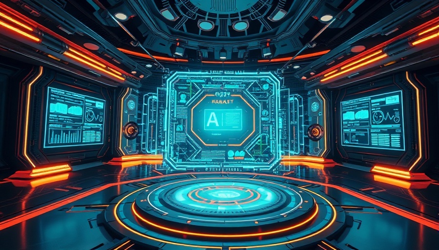 Futuristic AI interface with holographic screens representing Truth Social AI search.