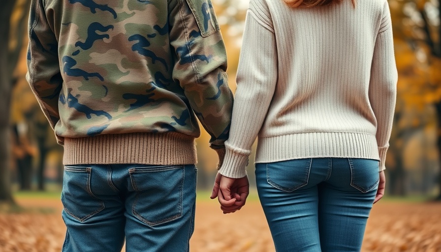 Couple holding hands, military and civilian attire, symbolizing support.