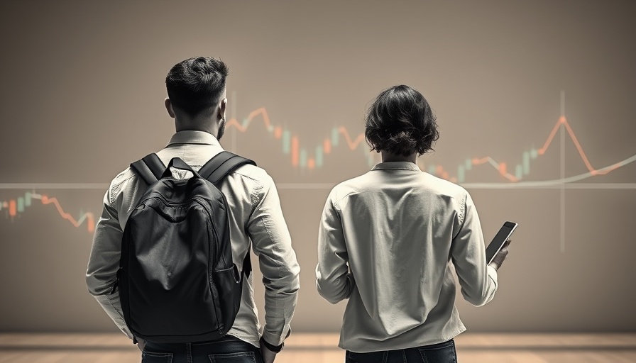Two individuals analyzing graph lines, abstract setting, decline in conscientiousness theme.