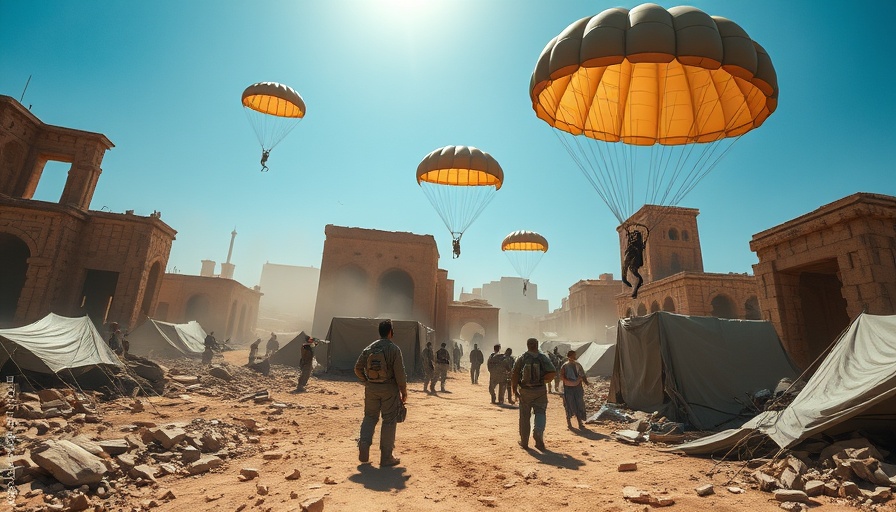 Displaced people amid rubble watch supply parachutes over Gaza.