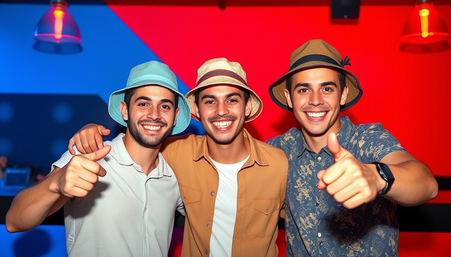 Cheerful men with bucket hats and geometric background.