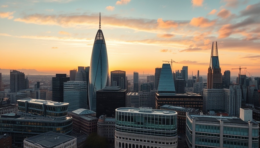 London skyline featuring iconic skyscrapers during sunset.