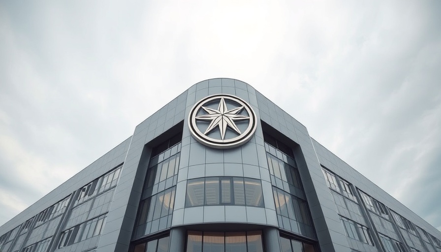 Modern building facade with emblem, sleek design, expansive sky.