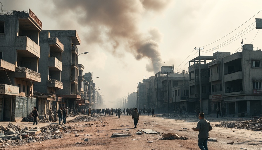 Urban destruction and chaos with smoke in a war-torn city street.