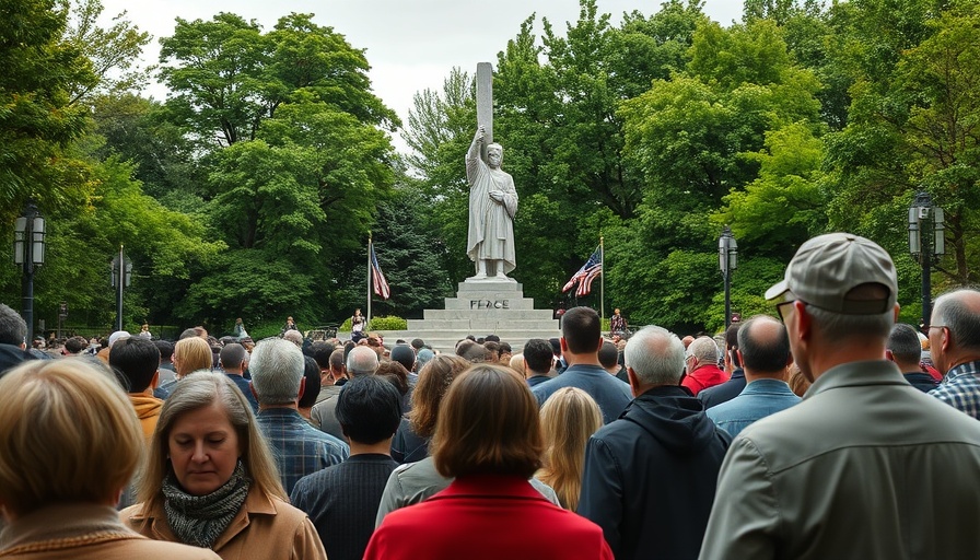 People gathering at Nagasaki Peace Statue for nuclear war anniversary.