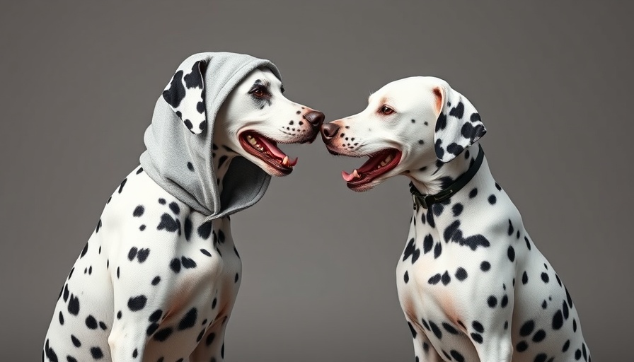 Two Dalmatians, one wearing a hood, facing each other in a studio.